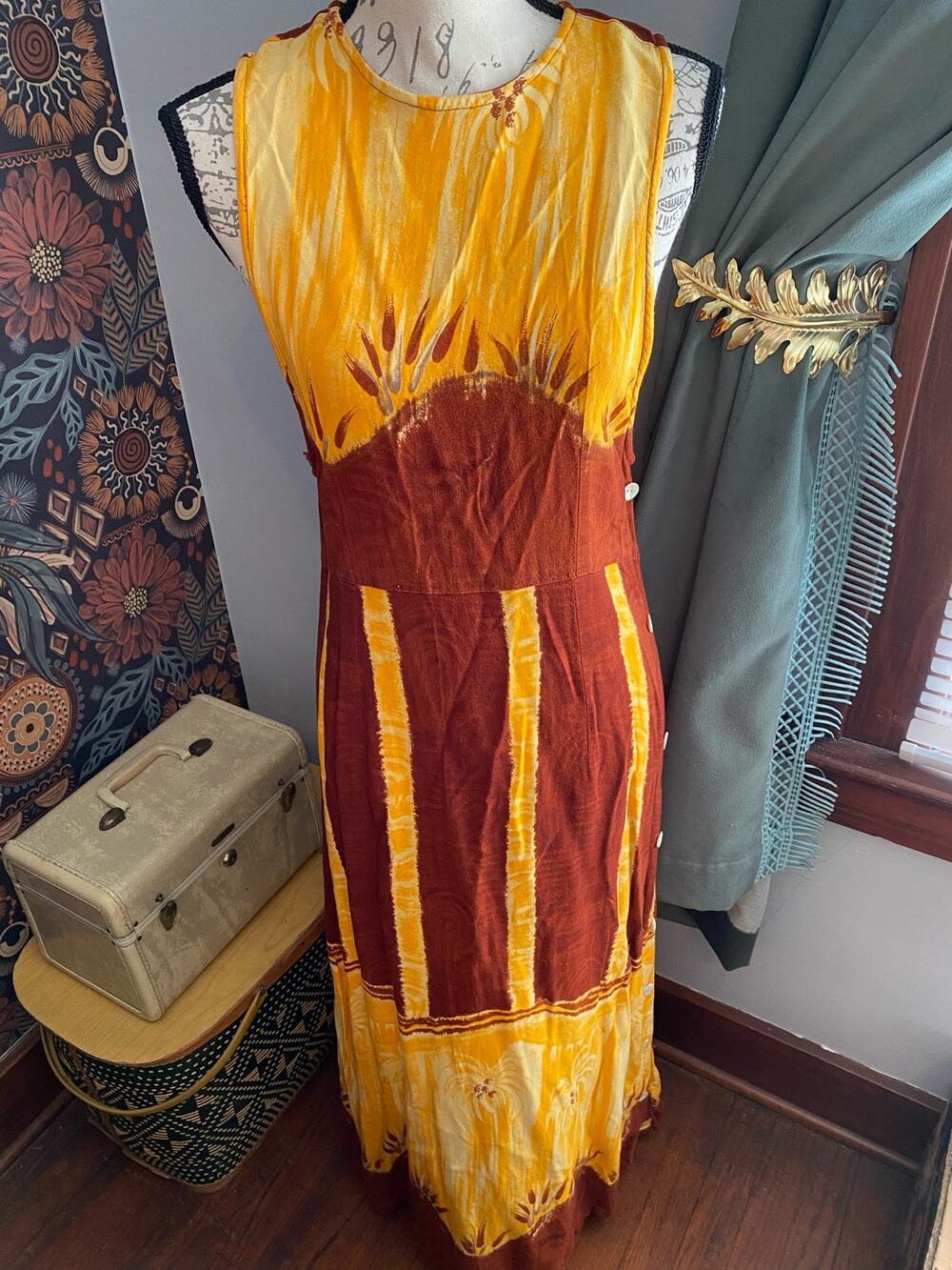 Marla Kim Tie Dyed Yellow & Rust Red Palm Tree Maxi Dress